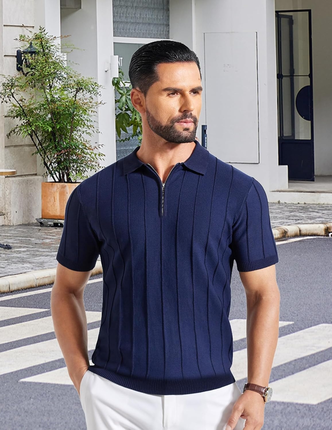 image:imageCOOFANDY Mens Quarter Zip Polo Shirt Short Sleeve Ribbed Knit Golf Tee Collared 14 Zip Textured Casual Business Shirt Lightweight Breathable Elastic T Shirt for MenVnavy Blue