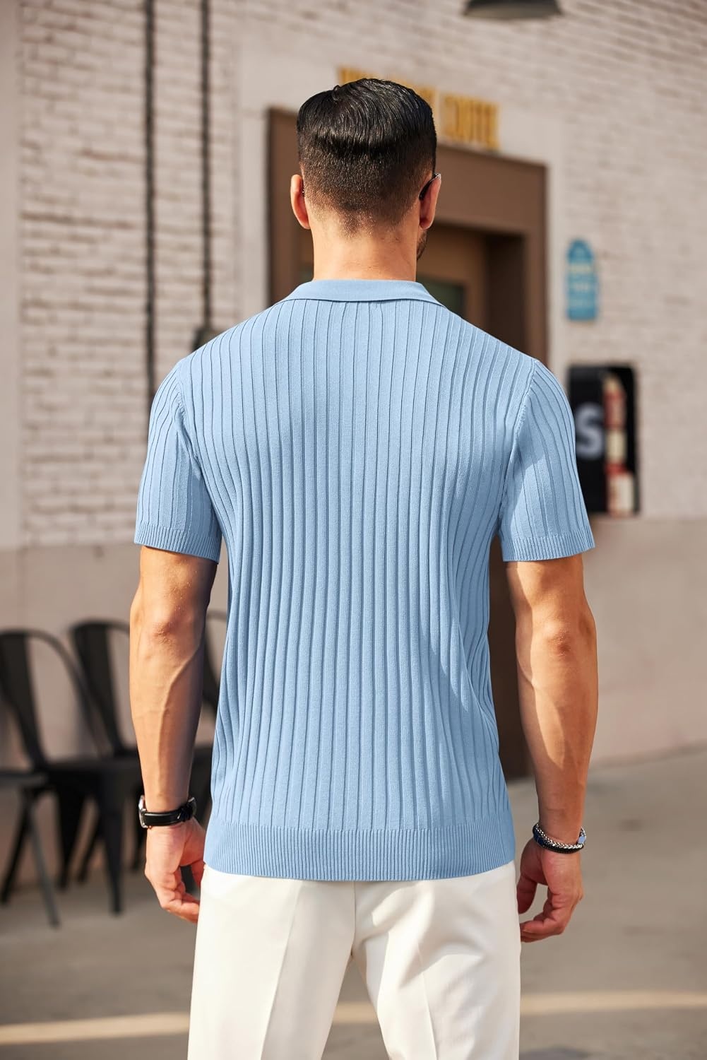 image:imageCOOFANDY Mens Quarter Zip Polo Shirt Short Sleeve Ribbed Knit Golf Tee Collared 14 Zip Textured Casual Business Shirt Lightweight Breathable Elastic T Shirt for MenSky Blue