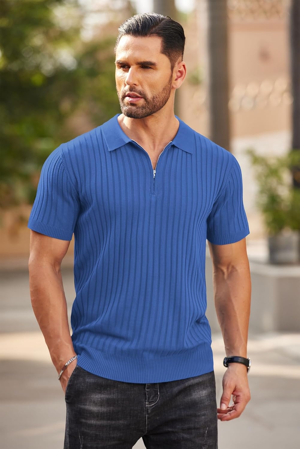 image:imageCOOFANDY Mens Quarter Zip Polo Shirt Short Sleeve Ribbed Knit Golf Tee Collared 14 Zip Textured Casual Business Shirt Lightweight Breathable Elastic T Shirt for MenBlue