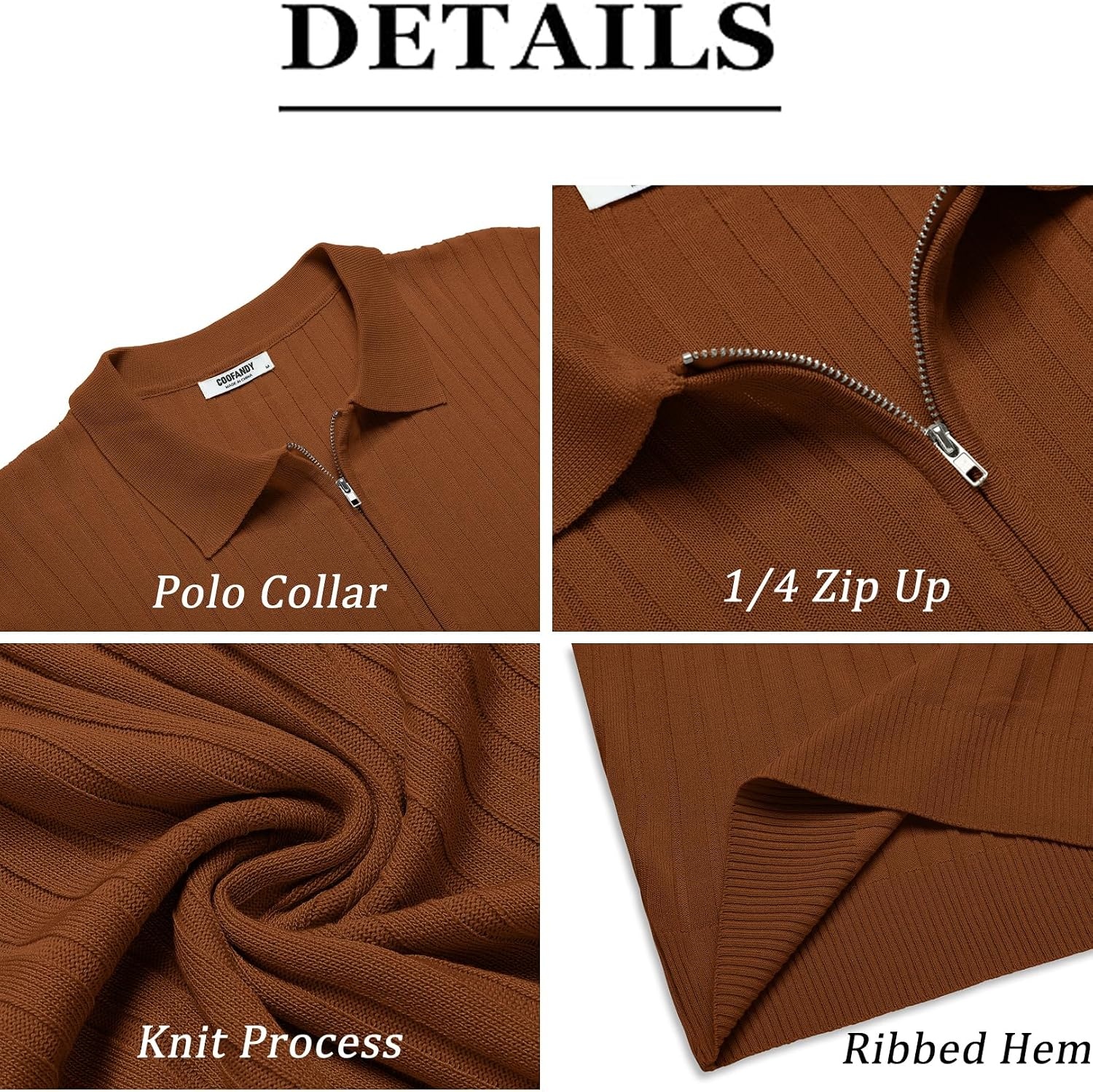 image:imageCOOFANDY Mens Quarter Zip Polo Shirt Short Sleeve Ribbed Knit Golf Tee Collared 14 Zip Textured Casual Business Shirt Lightweight Breathable Elastic T Shirt for MenBrown