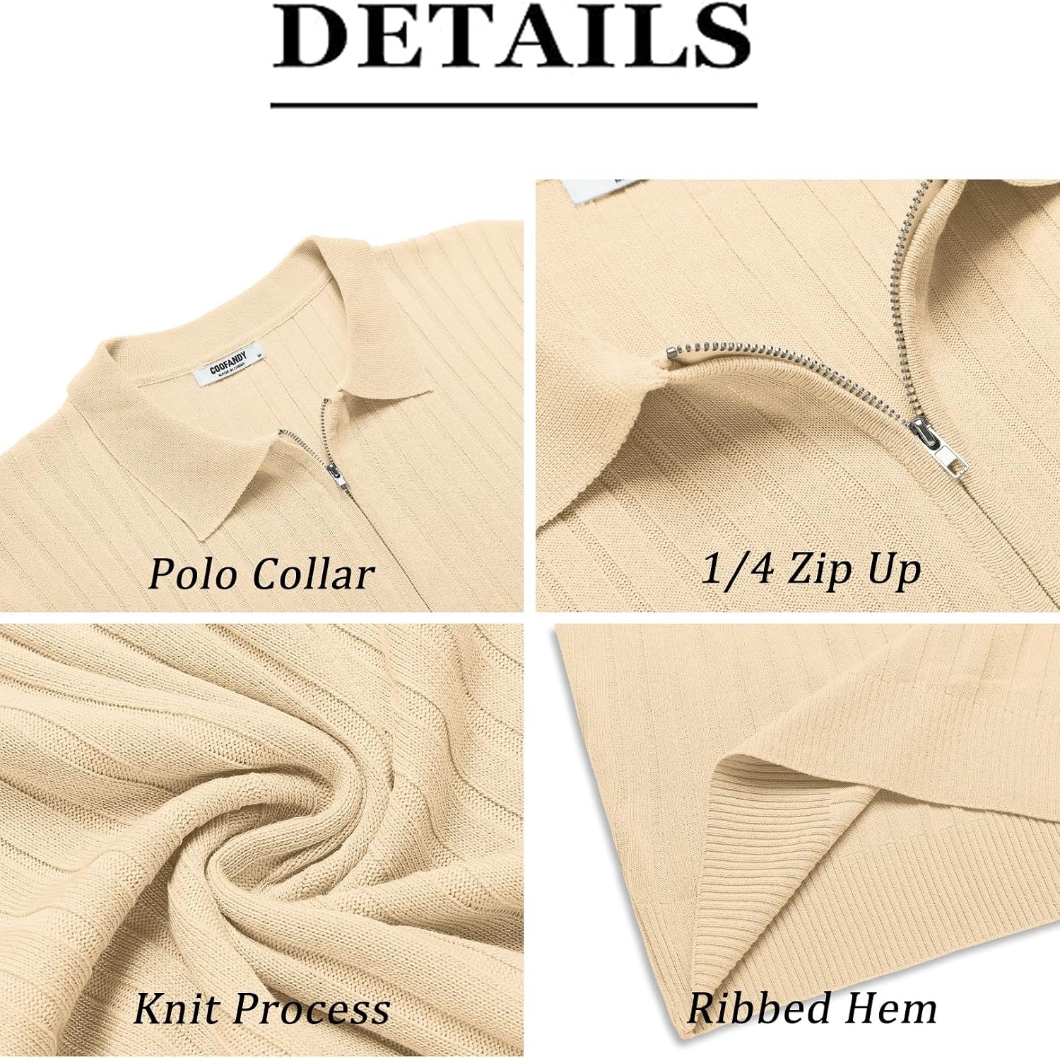 image:imageCOOFANDY Mens Quarter Zip Polo Shirt Short Sleeve Ribbed Knit Golf Tee Collared 14 Zip Textured Casual Business Shirt Lightweight Breathable Elastic T Shirt for MenLight Khaki