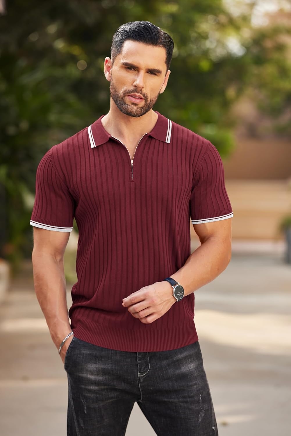image:imageCOOFANDY Mens Quarter Zip Polo Shirt Short Sleeve Ribbed Knit Golf Tee Collared 14 Zip Textured Casual Business Shirt Lightweight Breathable Elastic T Shirt for MenStriped Wine Red Striped