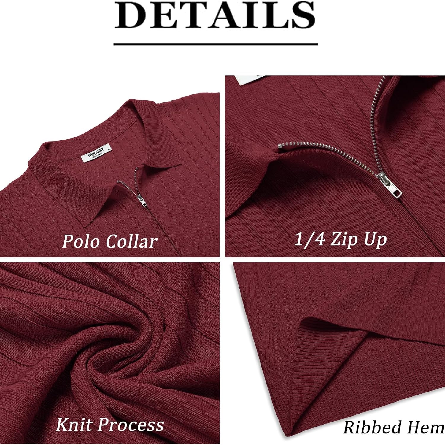 image:imageCOOFANDY Mens Quarter Zip Polo Shirt Short Sleeve Ribbed Knit Golf Tee Collared 14 Zip Textured Casual Business Shirt Lightweight Breathable Elastic T Shirt for MenWine Red