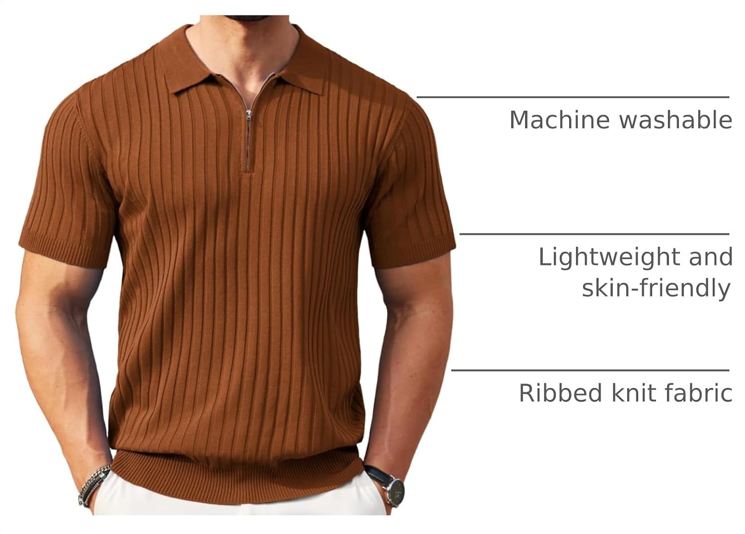 image:imageCOOFANDY Mens Quarter Zip Polo Shirt Short Sleeve Ribbed Knit Golf Tee Collared 14 Zip Textured Casual Business Shirt Lightweight Breathable Elastic T Shirt for MenBrown