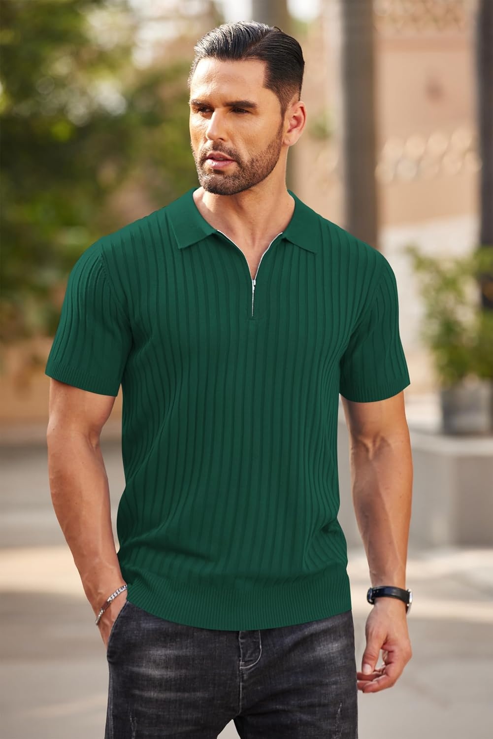 image:imageCOOFANDY Mens Quarter Zip Polo Shirt Short Sleeve Ribbed Knit Golf Tee Collared 14 Zip Textured Casual Business Shirt Lightweight Breathable Elastic T Shirt for MenHunter Green