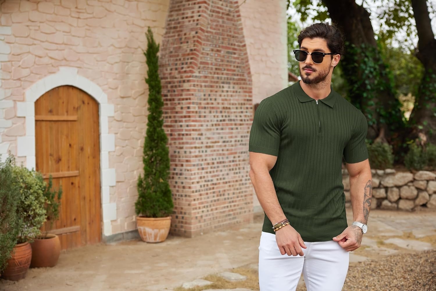 image:imageCOOFANDY Mens Quarter Zip Polo Shirt Short Sleeve Ribbed Knit Golf Tee Collared 14 Zip Textured Casual Business Shirt Lightweight Breathable Elastic T Shirt for MenArmy Green