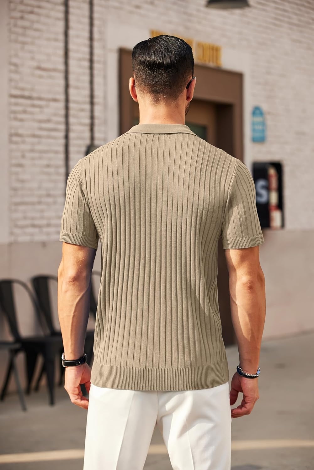 image:imageCOOFANDY Mens Quarter Zip Polo Shirt Short Sleeve Ribbed Knit Golf Tee Collared 14 Zip Textured Casual Business Shirt Lightweight Breathable Elastic T Shirt for MenKhaki