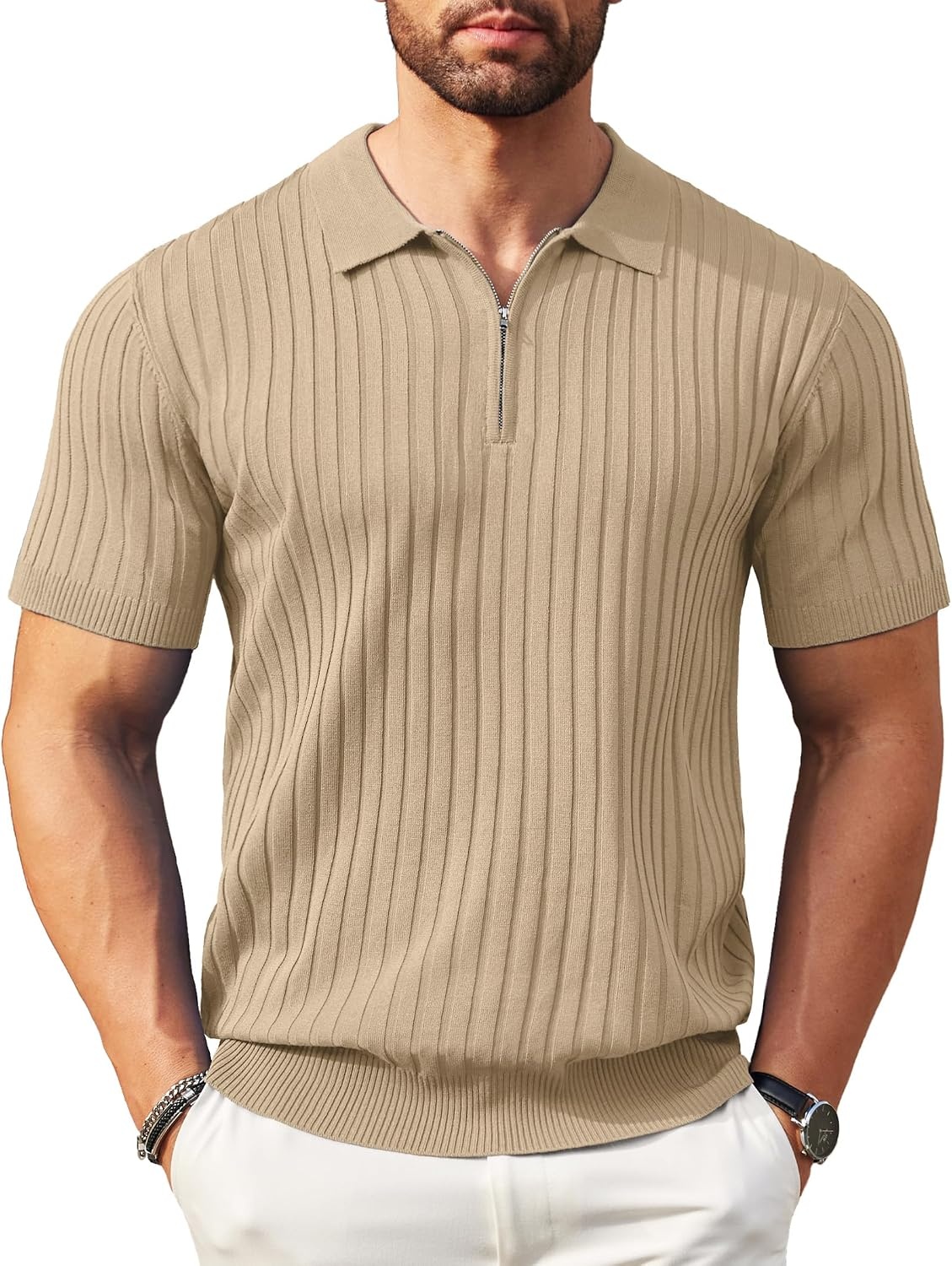 image:imageCOOFANDY Mens Quarter Zip Polo Shirt Short Sleeve Ribbed Knit Golf Tee Collared 14 Zip Textured Casual Business Shirt Lightweight Breathable Elastic T Shirt for MenKhaki