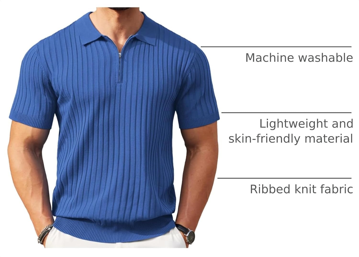 image:imageCOOFANDY Mens Quarter Zip Polo Shirt Short Sleeve Ribbed Knit Golf Tee Collared 14 Zip Textured Casual Business Shirt Lightweight Breathable Elastic T Shirt for MenBlue