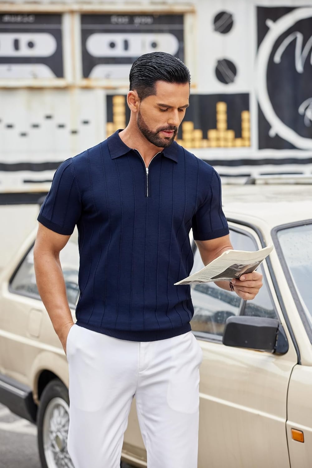 image:imageCOOFANDY Mens Quarter Zip Polo Shirt Short Sleeve Ribbed Knit Golf Tee Collared 14 Zip Textured Casual Business Shirt Lightweight Breathable Elastic T Shirt for MenVnavy Blue