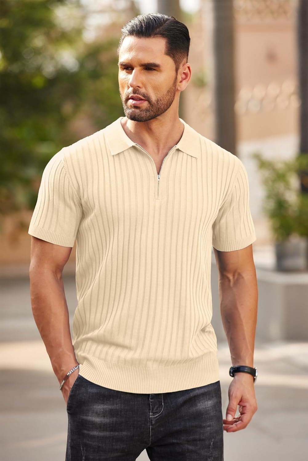 image:imageCOOFANDY Mens Quarter Zip Polo Shirt Short Sleeve Ribbed Knit Golf Tee Collared 14 Zip Textured Casual Business Shirt Lightweight Breathable Elastic T Shirt for MenLight Khaki