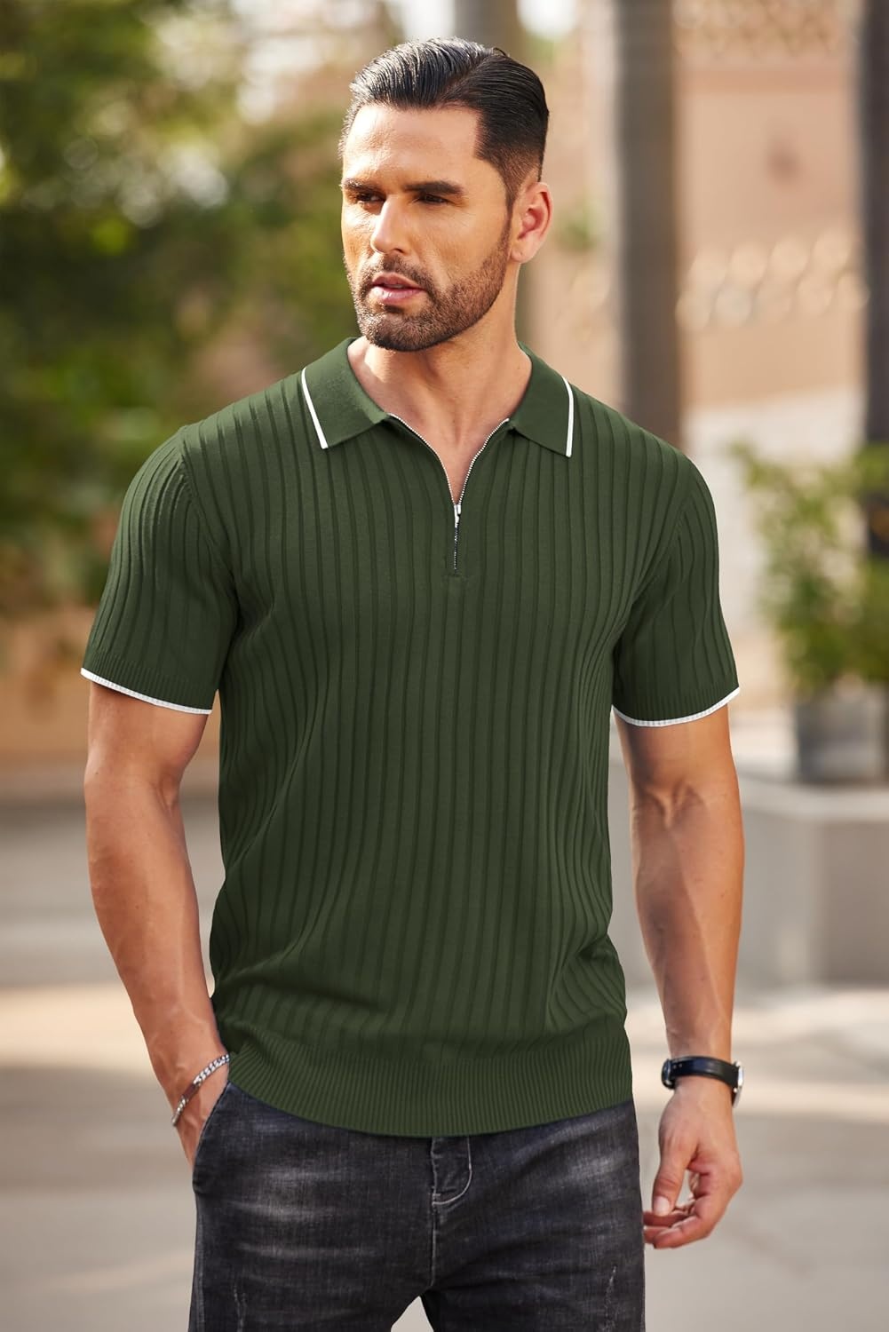 image:imageCOOFANDY Mens Quarter Zip Polo Shirt Short Sleeve Ribbed Knit Golf Tee Collared 14 Zip Textured Casual Business Shirt Lightweight Breathable Elastic T Shirt for MenStripes Army Green Stripes