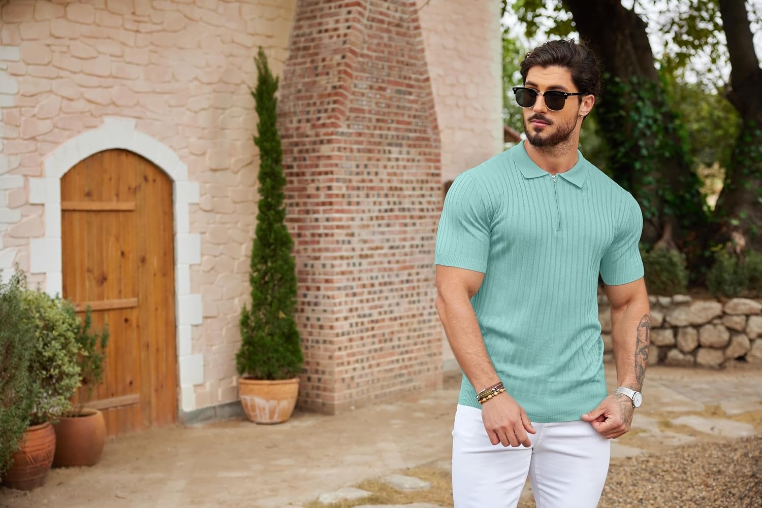 image:imageCOOFANDY Mens Quarter Zip Polo Shirt Short Sleeve Ribbed Knit Golf Tee Collared 14 Zip Textured Casual Business Shirt Lightweight Breathable Elastic T Shirt for MenGreen