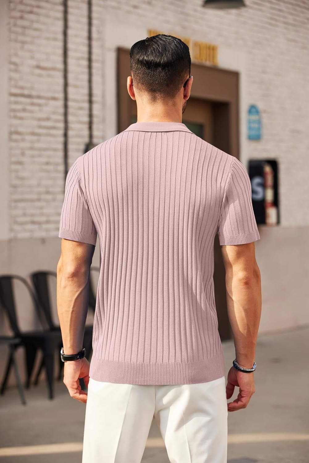 image:imageCOOFANDY Mens Quarter Zip Polo Shirt Short Sleeve Ribbed Knit Golf Tee Collared 14 Zip Textured Casual Business Shirt Lightweight Breathable Elastic T Shirt for MenPink