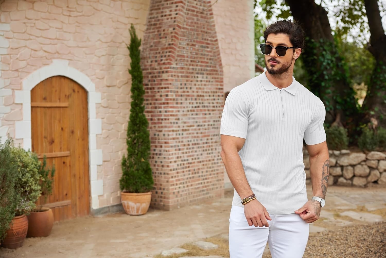 image:imageCOOFANDY Mens Quarter Zip Polo Shirt Short Sleeve Ribbed Knit Golf Tee Collared 14 Zip Textured Casual Business Shirt Lightweight Breathable Elastic T Shirt for MenWhite