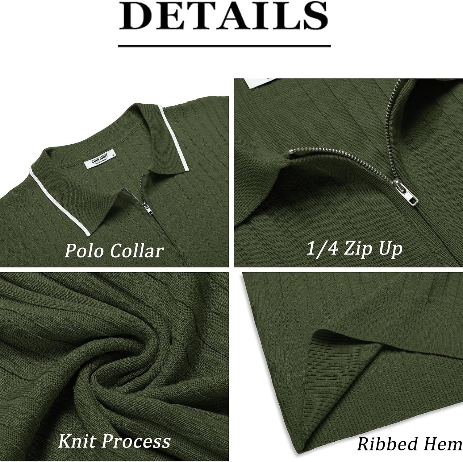 image:imageCOOFANDY Mens Quarter Zip Polo Shirt Short Sleeve Ribbed Knit Golf Tee Collared 14 Zip Textured Casual Business Shirt Lightweight Breathable Elastic T Shirt for MenStripes Army Green Stripes