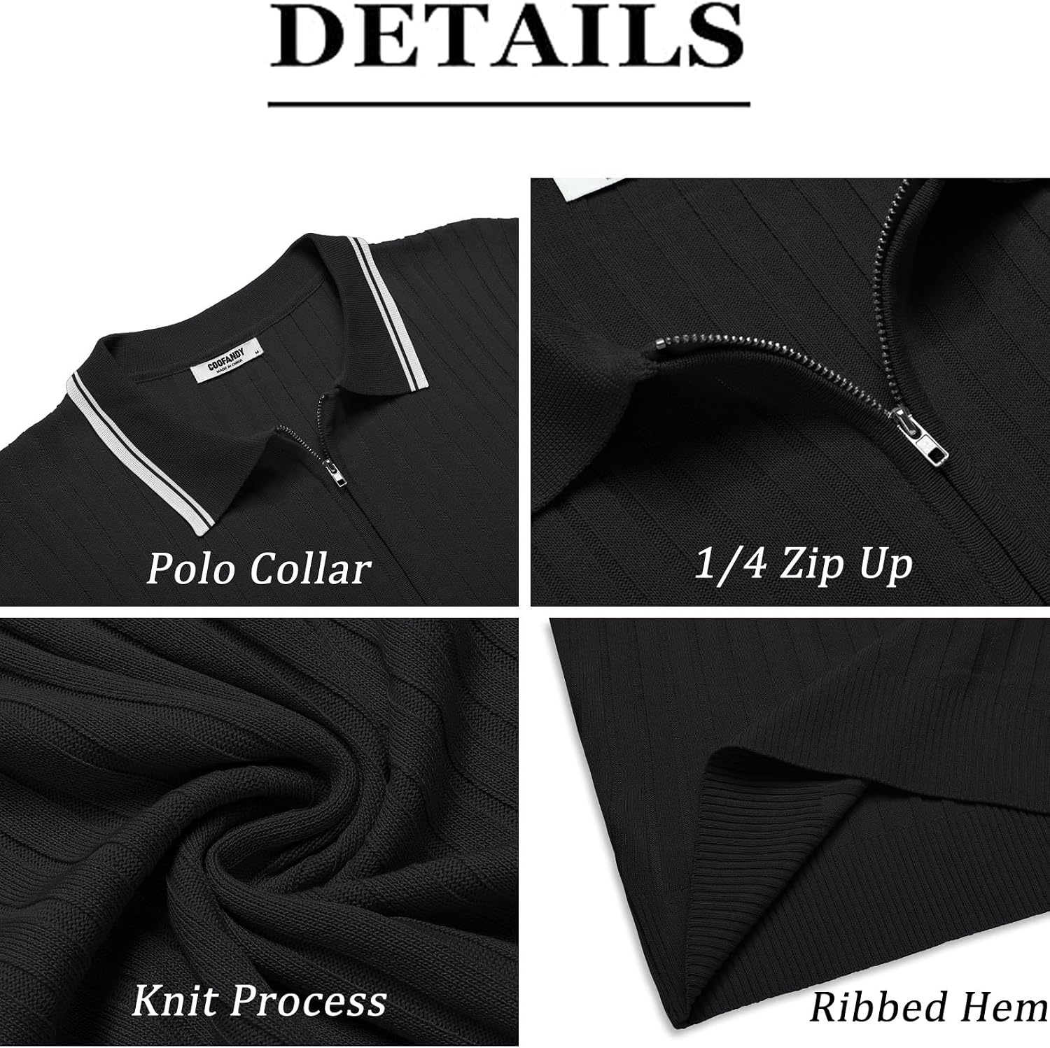 image:imageCOOFANDY Mens Quarter Zip Polo Shirt Short Sleeve Ribbed Knit Golf Tee Collared 14 Zip Textured Casual Business Shirt Lightweight Breathable Elastic T Shirt for MenStriped Black Striped