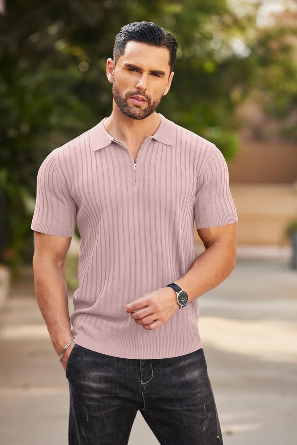 image:imageCOOFANDY Mens Quarter Zip Polo Shirt Short Sleeve Ribbed Knit Golf Tee Collared 14 Zip Textured Casual Business Shirt Lightweight Breathable Elastic T Shirt for MenPink