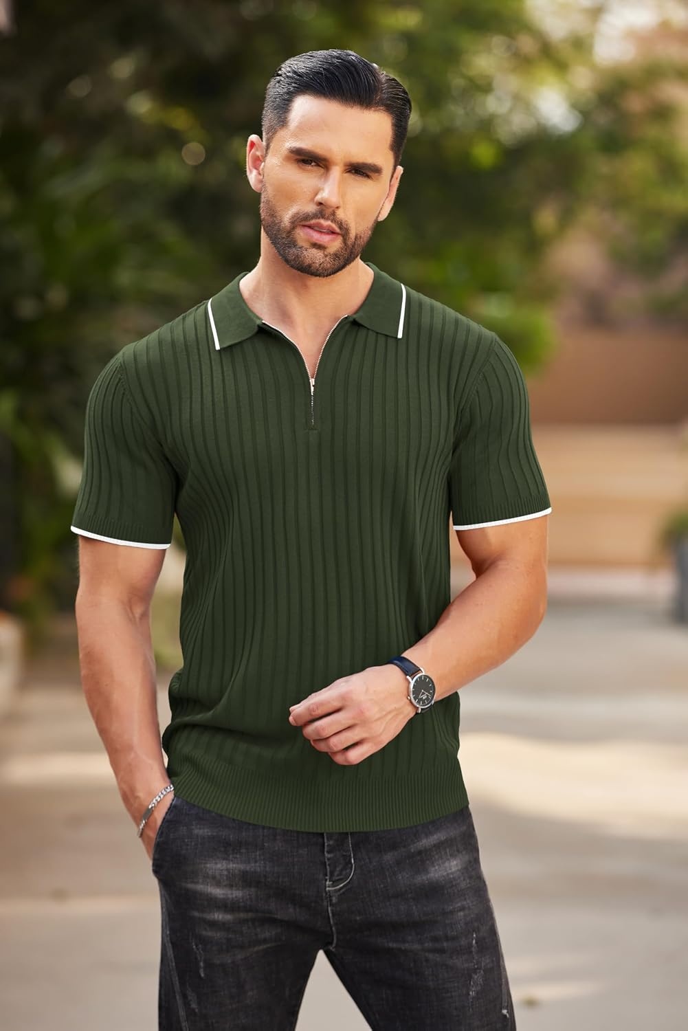 image:imageCOOFANDY Mens Quarter Zip Polo Shirt Short Sleeve Ribbed Knit Golf Tee Collared 14 Zip Textured Casual Business Shirt Lightweight Breathable Elastic T Shirt for MenStripes Army Green Stripes