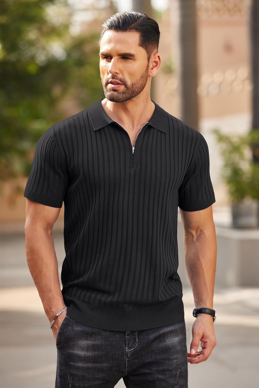 image:imageCOOFANDY Mens Quarter Zip Polo Shirt Short Sleeve Ribbed Knit Golf Tee Collared 14 Zip Textured Casual Business Shirt Lightweight Breathable Elastic T Shirt for MenBlack