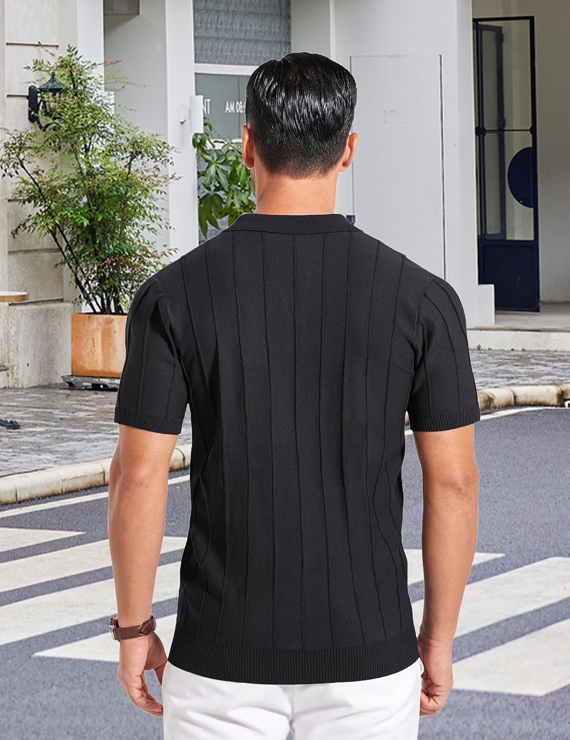 image:imageCOOFANDY Mens Quarter Zip Polo Shirt Short Sleeve Ribbed Knit Golf Tee Collared 14 Zip Textured Casual Business Shirt Lightweight Breathable Elastic T Shirt for MenVblack