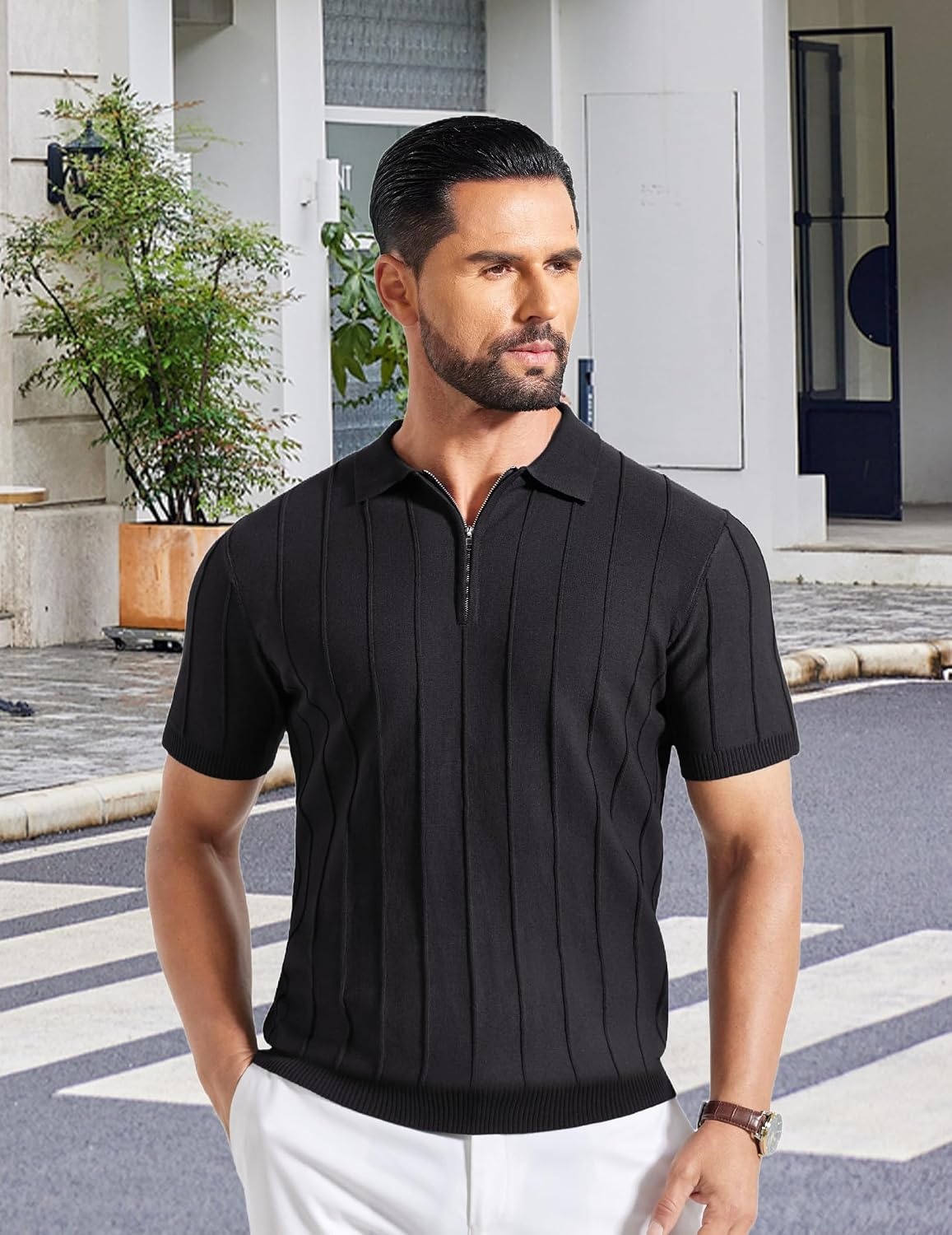 image:imageCOOFANDY Mens Quarter Zip Polo Shirt Short Sleeve Ribbed Knit Golf Tee Collared 14 Zip Textured Casual Business Shirt Lightweight Breathable Elastic T Shirt for MenVblack