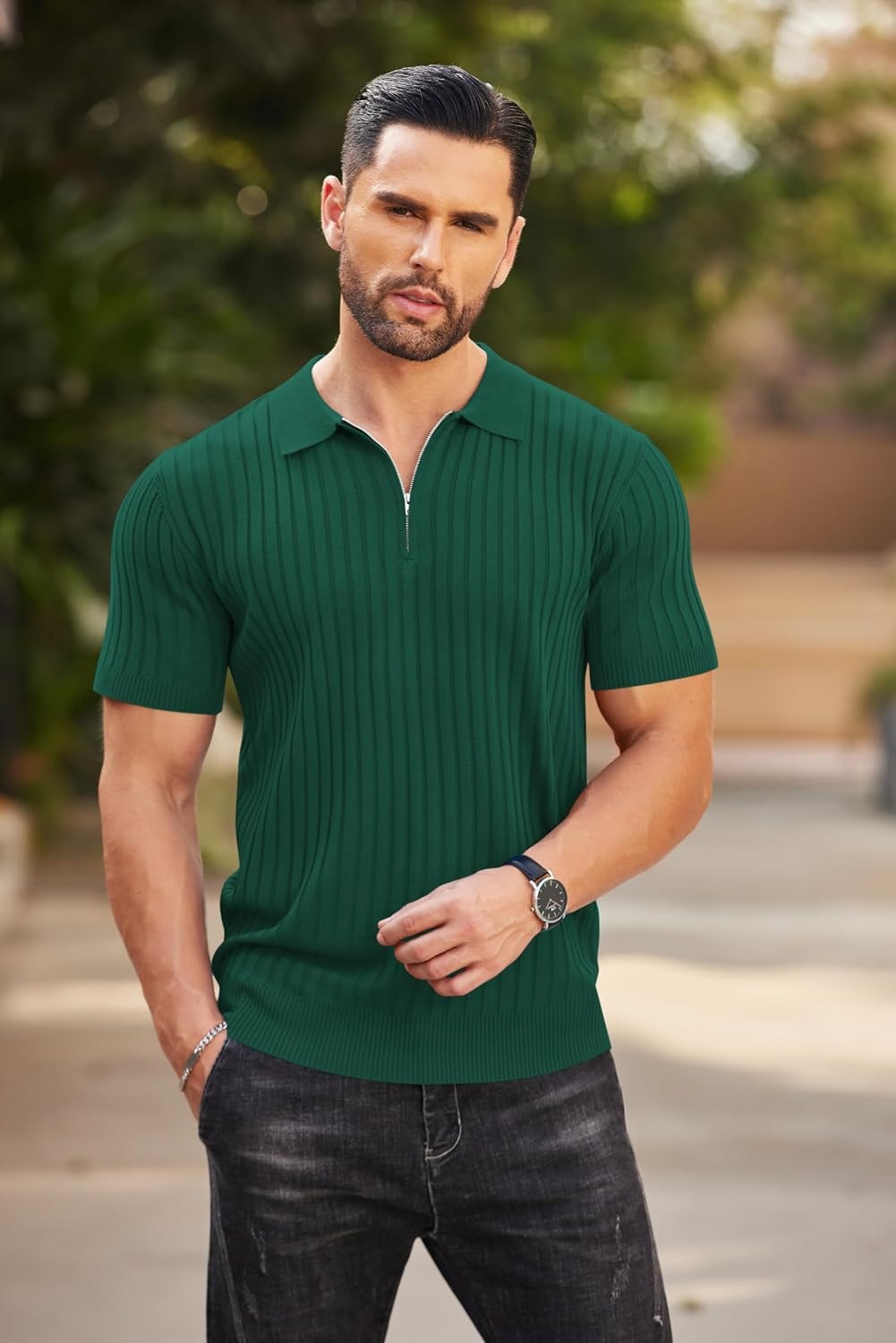 image:imageCOOFANDY Mens Quarter Zip Polo Shirt Short Sleeve Ribbed Knit Golf Tee Collared 14 Zip Textured Casual Business Shirt Lightweight Breathable Elastic T Shirt for MenHunter Green