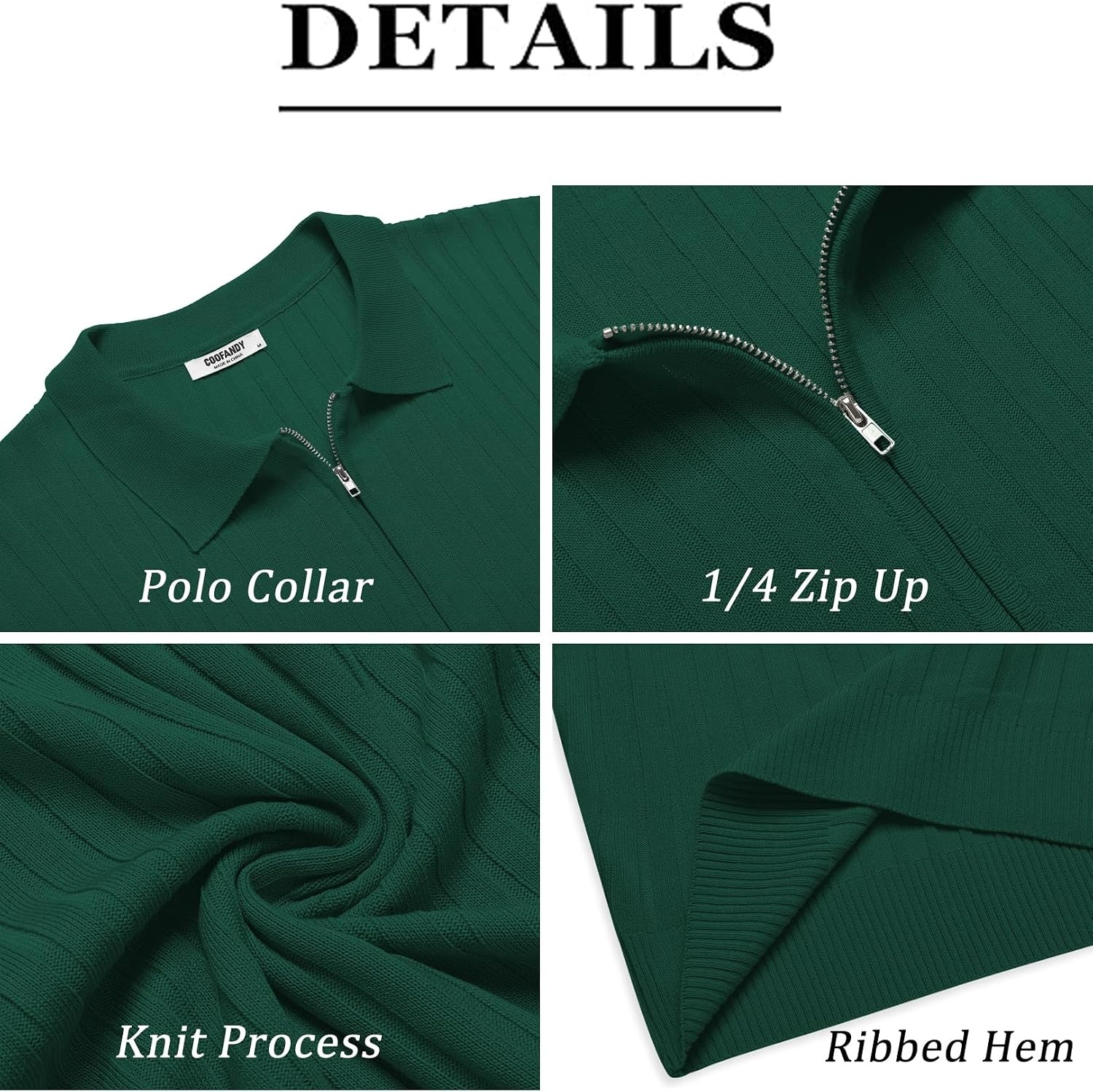 image:imageCOOFANDY Mens Quarter Zip Polo Shirt Short Sleeve Ribbed Knit Golf Tee Collared 14 Zip Textured Casual Business Shirt Lightweight Breathable Elastic T Shirt for MenHunter Green