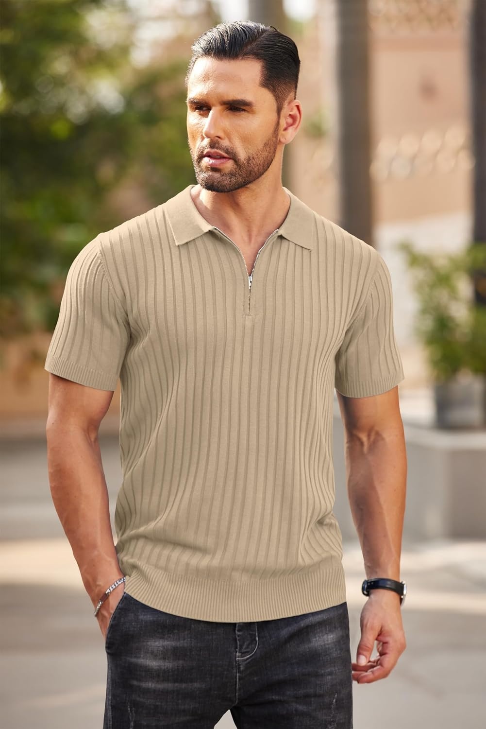 image:imageCOOFANDY Mens Quarter Zip Polo Shirt Short Sleeve Ribbed Knit Golf Tee Collared 14 Zip Textured Casual Business Shirt Lightweight Breathable Elastic T Shirt for MenKhaki
