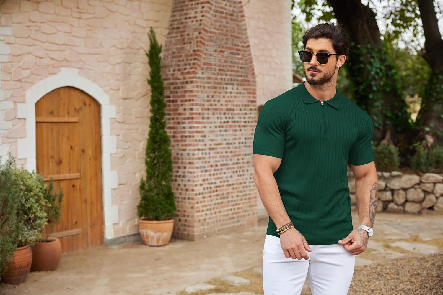 image:imageCOOFANDY Mens Quarter Zip Polo Shirt Short Sleeve Ribbed Knit Golf Tee Collared 14 Zip Textured Casual Business Shirt Lightweight Breathable Elastic T Shirt for MenHunter Green