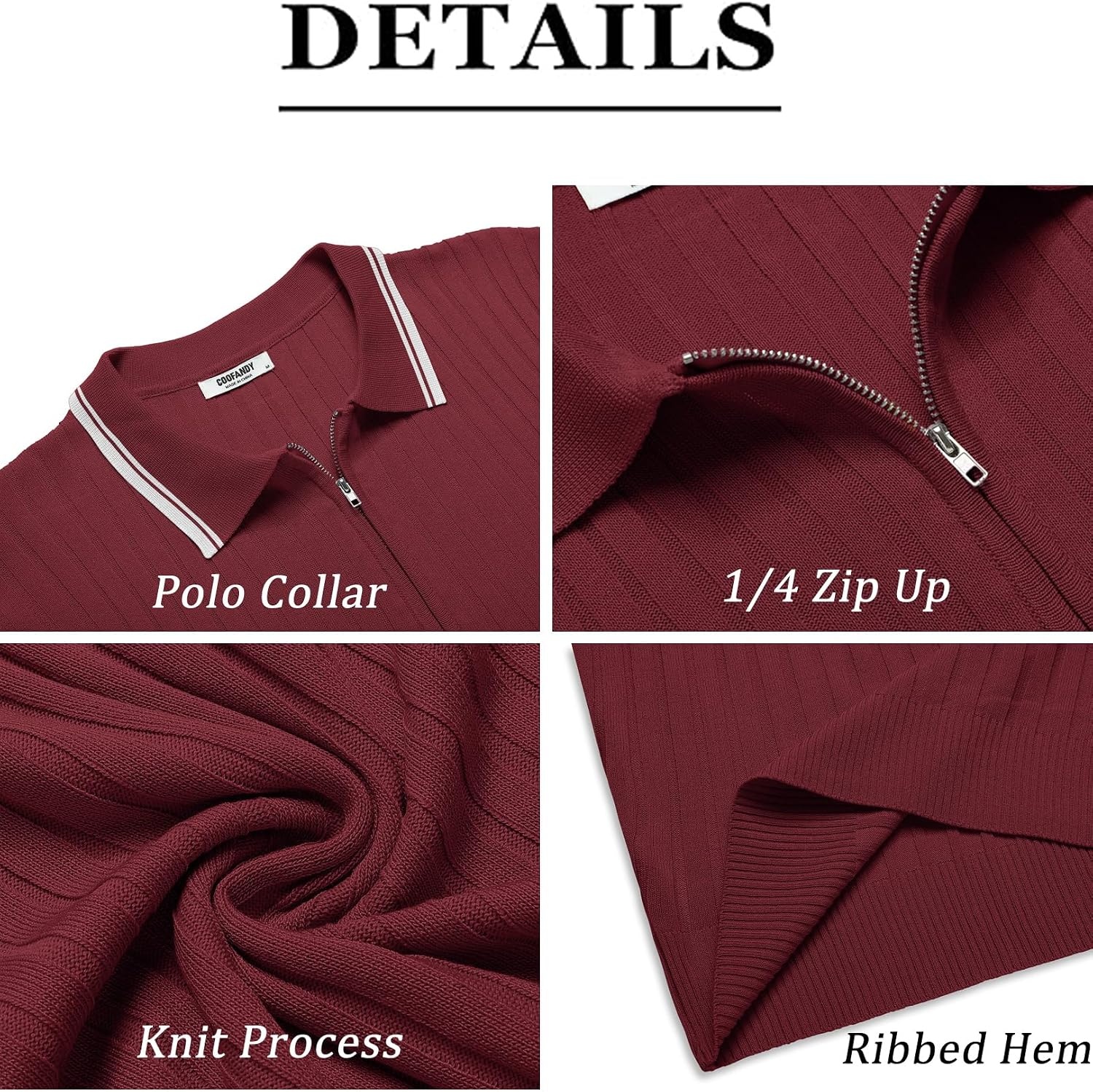 image:imageCOOFANDY Mens Quarter Zip Polo Shirt Short Sleeve Ribbed Knit Golf Tee Collared 14 Zip Textured Casual Business Shirt Lightweight Breathable Elastic T Shirt for MenStriped Wine Red Striped