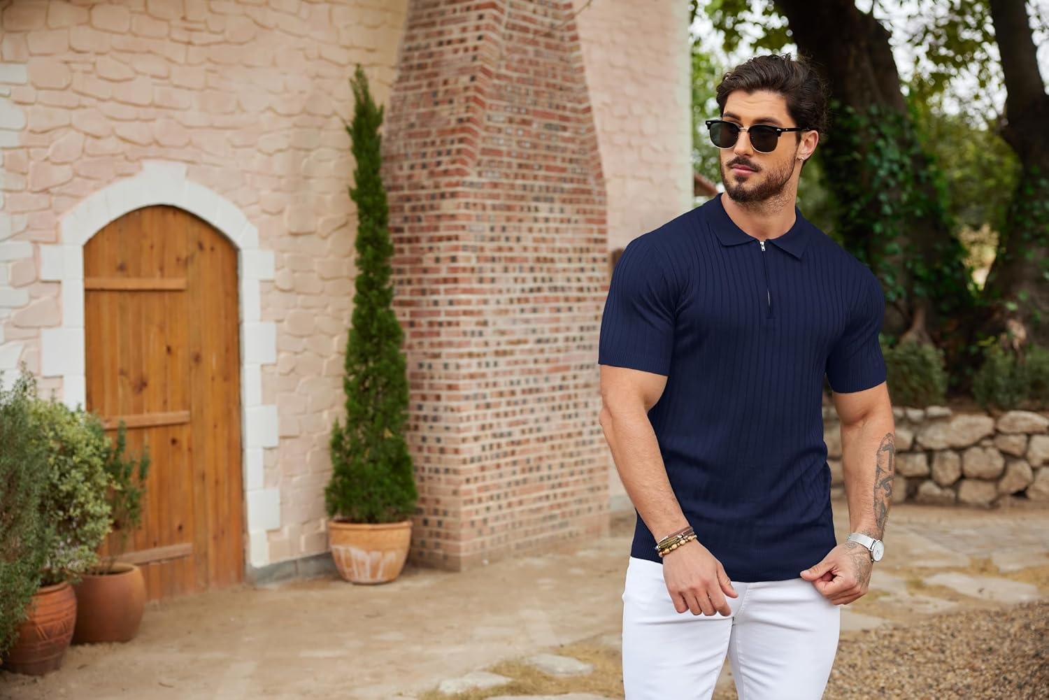 image:imageCOOFANDY Mens Quarter Zip Polo Shirt Short Sleeve Ribbed Knit Golf Tee Collared 14 Zip Textured Casual Business Shirt Lightweight Breathable Elastic T Shirt for MenAnavy Blue