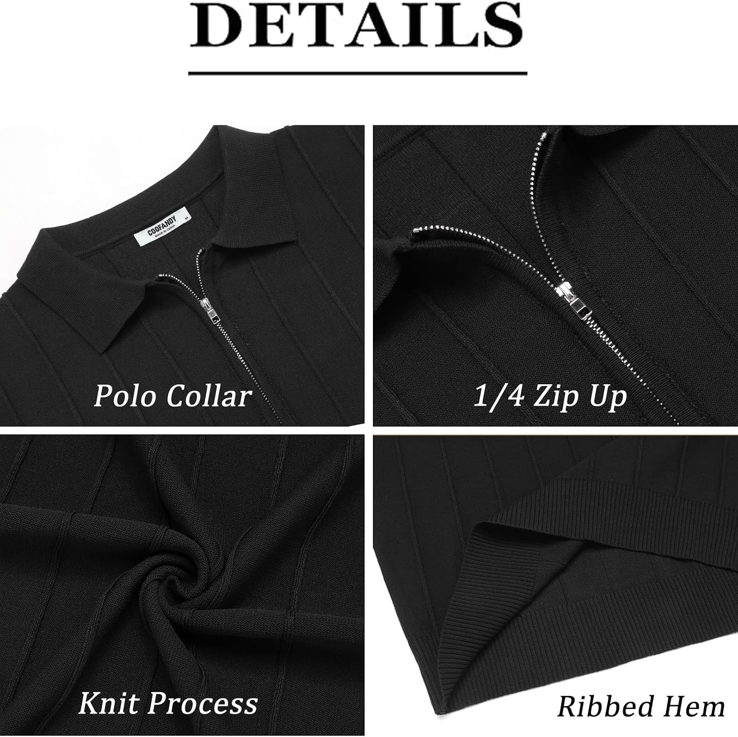 image:imageCOOFANDY Mens Quarter Zip Polo Shirt Short Sleeve Ribbed Knit Golf Tee Collared 14 Zip Textured Casual Business Shirt Lightweight Breathable Elastic T Shirt for MenVblack