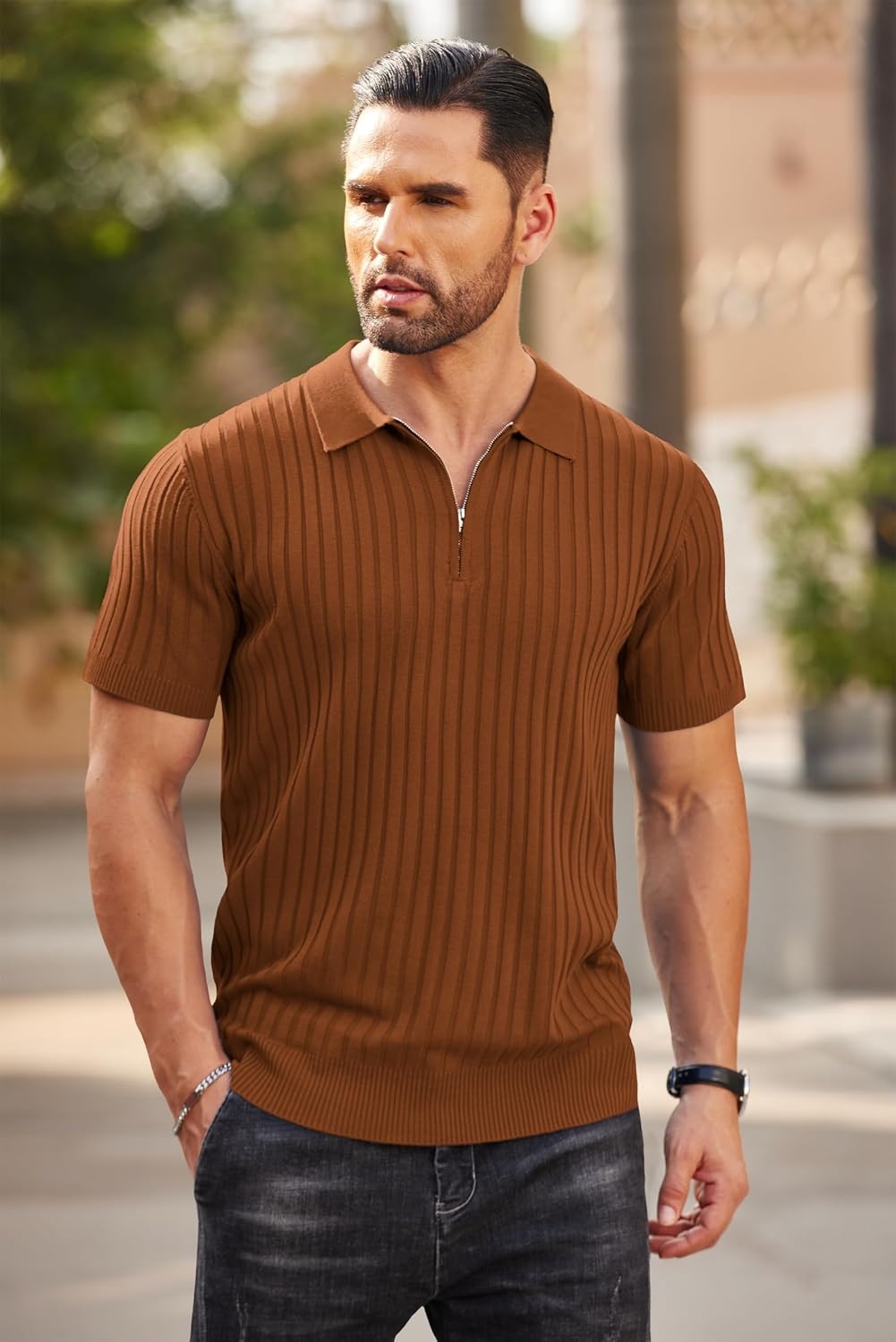 image:imageCOOFANDY Mens Quarter Zip Polo Shirt Short Sleeve Ribbed Knit Golf Tee Collared 14 Zip Textured Casual Business Shirt Lightweight Breathable Elastic T Shirt for MenBrown