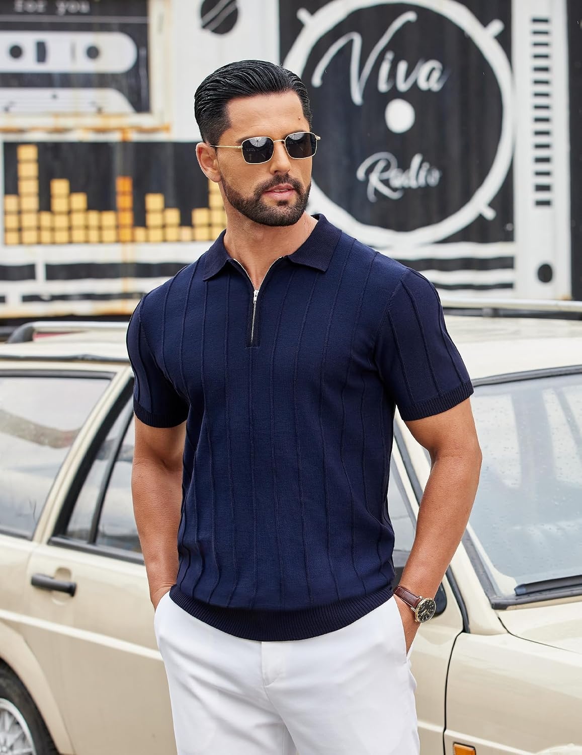image:imageCOOFANDY Mens Quarter Zip Polo Shirt Short Sleeve Ribbed Knit Golf Tee Collared 14 Zip Textured Casual Business Shirt Lightweight Breathable Elastic T Shirt for MenVnavy Blue