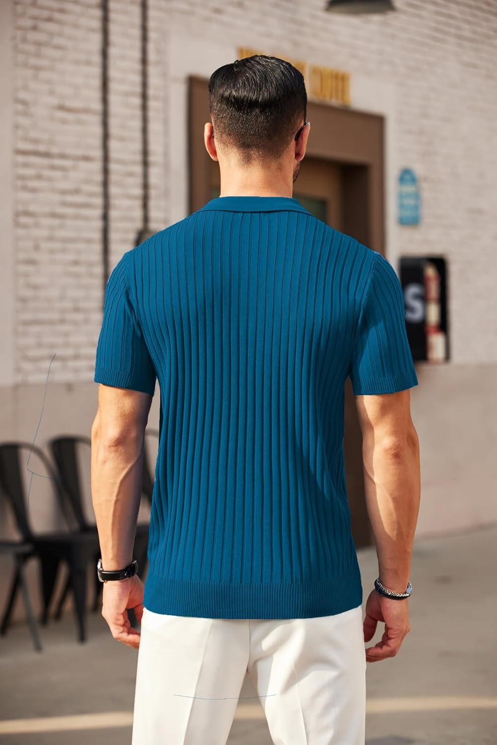 image:imageCOOFANDY Mens Quarter Zip Polo Shirt Short Sleeve Ribbed Knit Golf Tee Collared 14 Zip Textured Casual Business Shirt Lightweight Breathable Elastic T Shirt for MenDenim Blue