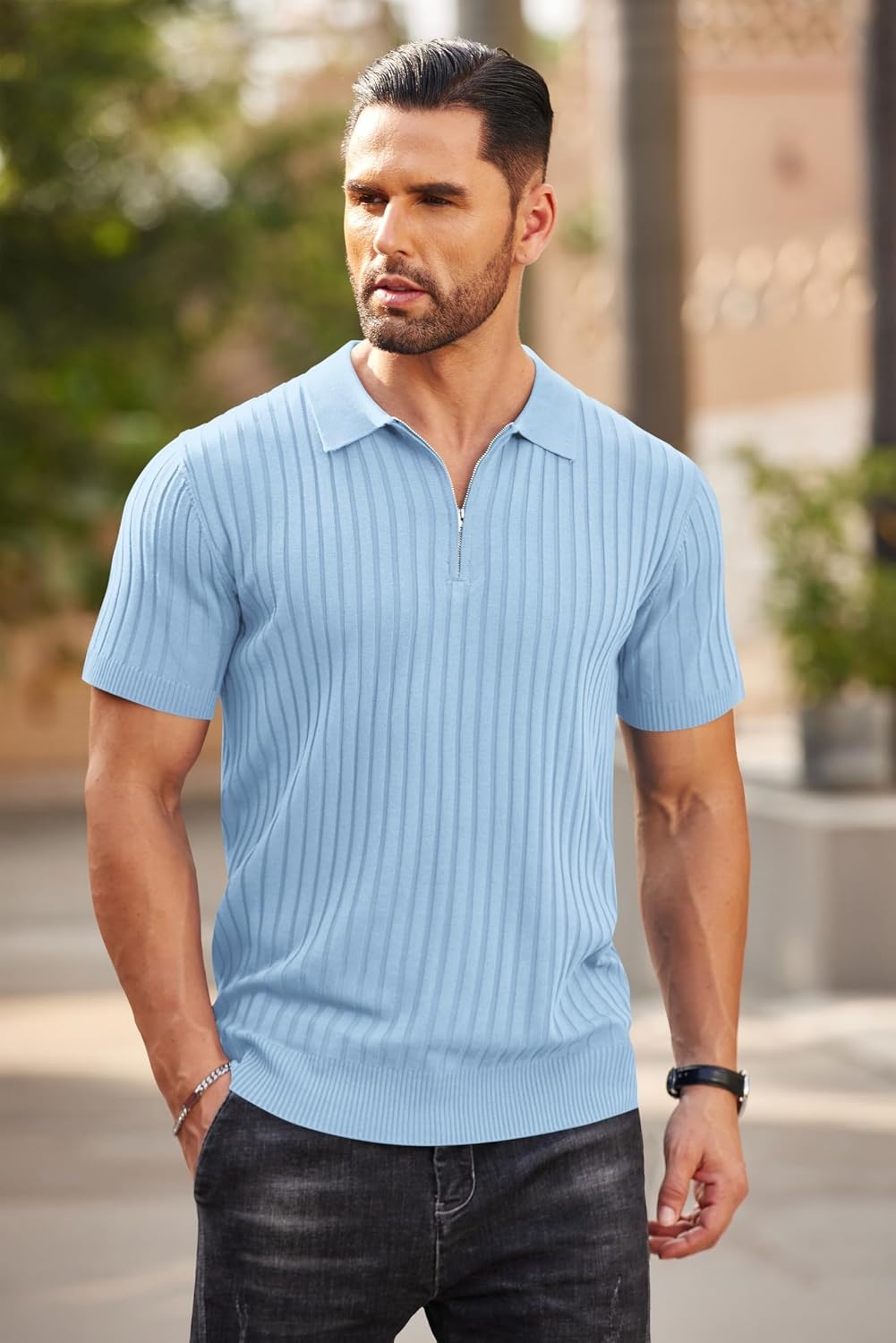 image:imageCOOFANDY Mens Quarter Zip Polo Shirt Short Sleeve Ribbed Knit Golf Tee Collared 14 Zip Textured Casual Business Shirt Lightweight Breathable Elastic T Shirt for MenSky Blue