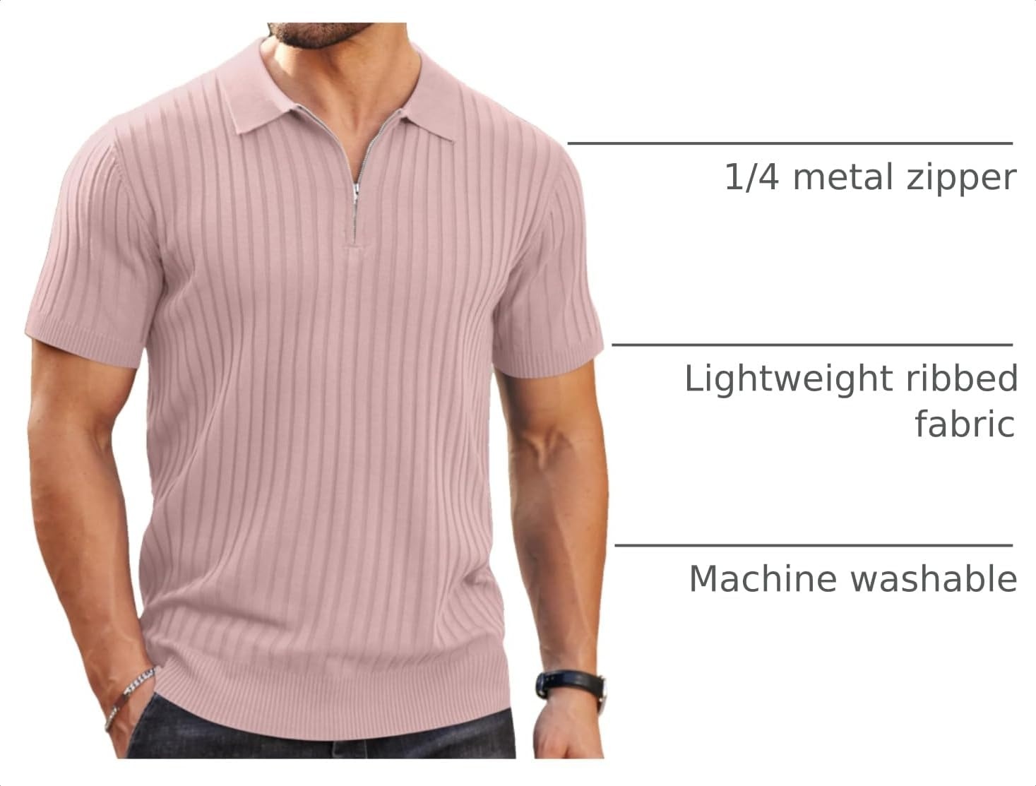 image:imageCOOFANDY Mens Quarter Zip Polo Shirt Short Sleeve Ribbed Knit Golf Tee Collared 14 Zip Textured Casual Business Shirt Lightweight Breathable Elastic T Shirt for MenPink