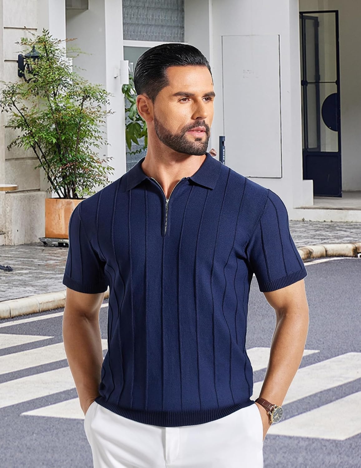 image:imageCOOFANDY Mens Quarter Zip Polo Shirt Short Sleeve Ribbed Knit Golf Tee Collared 14 Zip Textured Casual Business Shirt Lightweight Breathable Elastic T Shirt for MenVnavy Blue