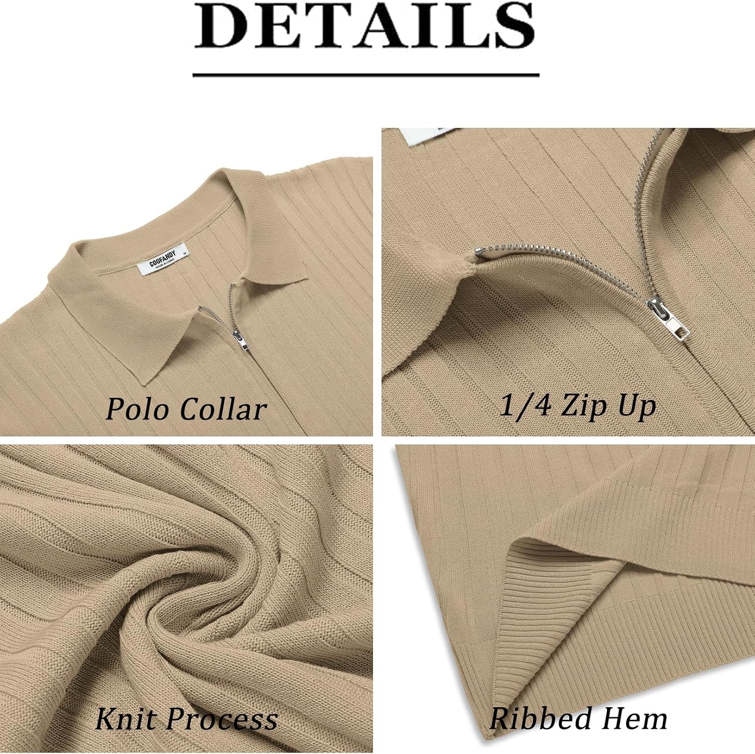 image:imageCOOFANDY Mens Quarter Zip Polo Shirt Short Sleeve Ribbed Knit Golf Tee Collared 14 Zip Textured Casual Business Shirt Lightweight Breathable Elastic T Shirt for MenKhaki