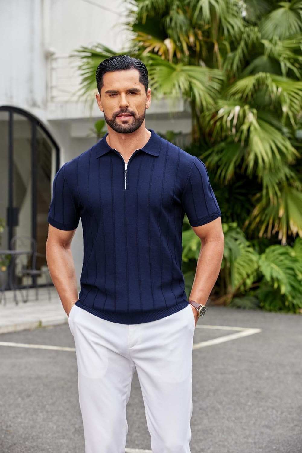 image:imageCOOFANDY Mens Quarter Zip Polo Shirt Short Sleeve Ribbed Knit Golf Tee Collared 14 Zip Textured Casual Business Shirt Lightweight Breathable Elastic T Shirt for MenVnavy Blue