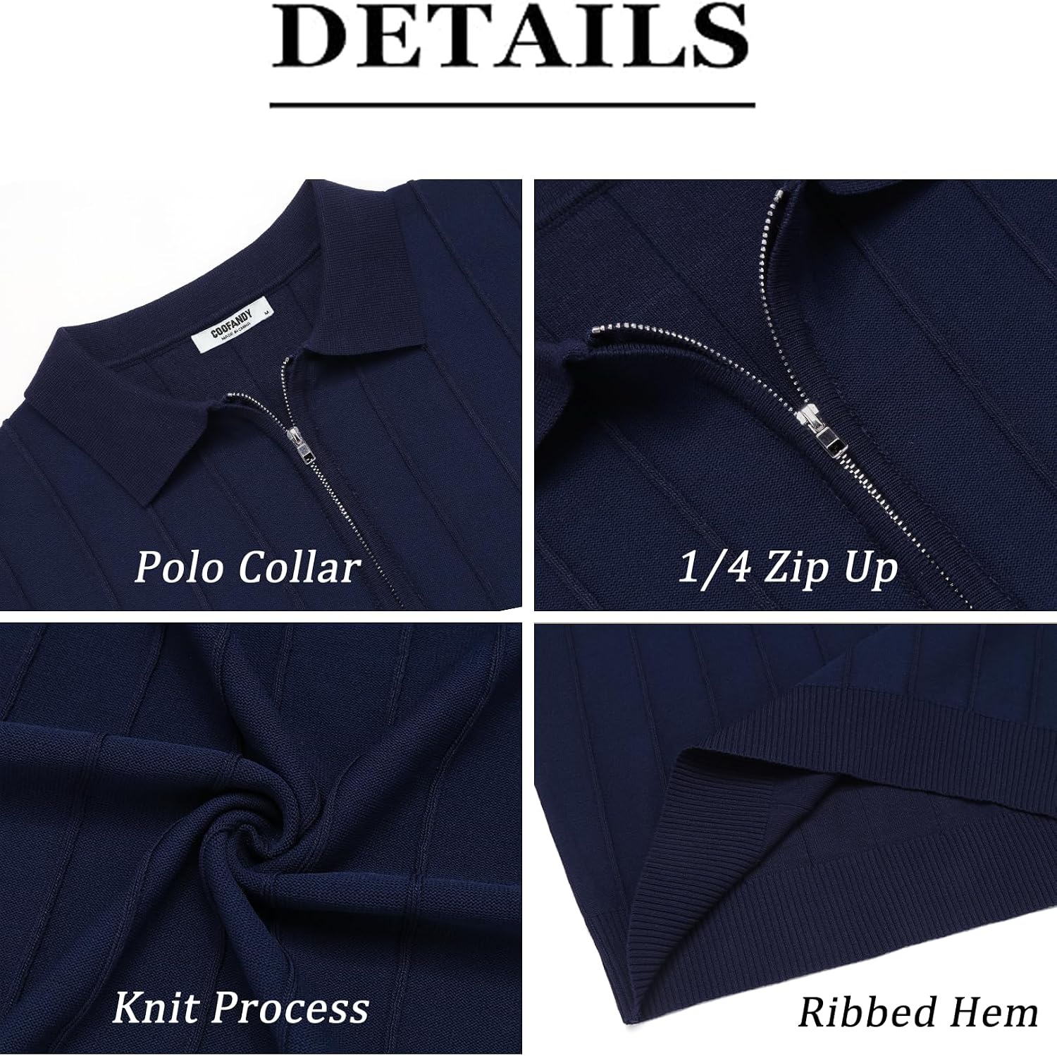 image:imageCOOFANDY Mens Quarter Zip Polo Shirt Short Sleeve Ribbed Knit Golf Tee Collared 14 Zip Textured Casual Business Shirt Lightweight Breathable Elastic T Shirt for MenVnavy Blue