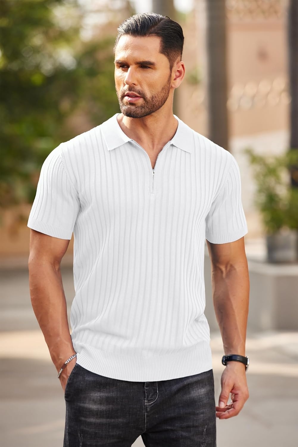image:imageCOOFANDY Mens Quarter Zip Polo Shirt Short Sleeve Ribbed Knit Golf Tee Collared 14 Zip Textured Casual Business Shirt Lightweight Breathable Elastic T Shirt for MenWhite