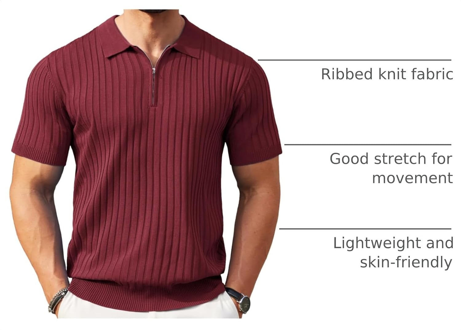 image:imageCOOFANDY Mens Quarter Zip Polo Shirt Short Sleeve Ribbed Knit Golf Tee Collared 14 Zip Textured Casual Business Shirt Lightweight Breathable Elastic T Shirt for MenWine Red