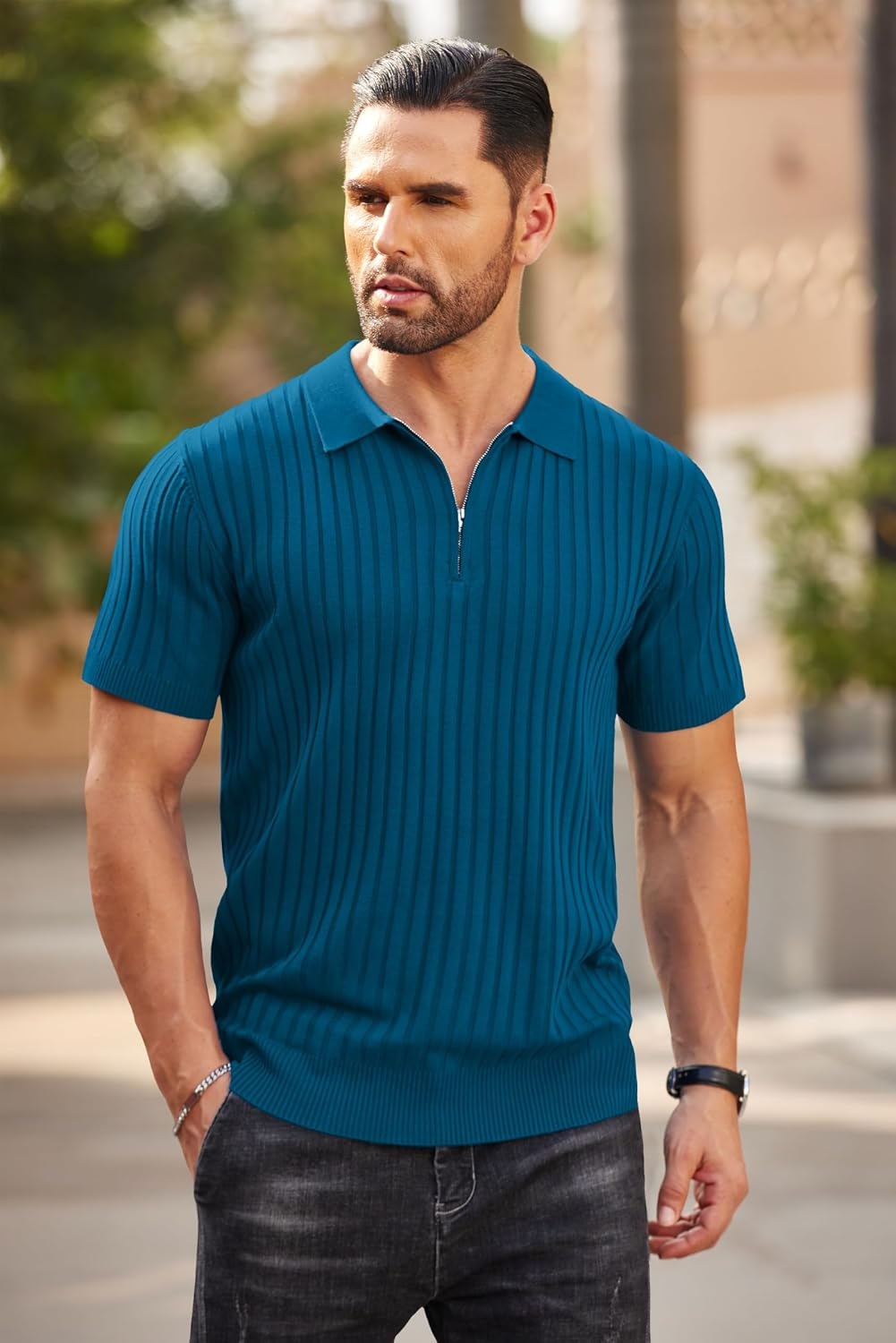 image:imageCOOFANDY Mens Quarter Zip Polo Shirt Short Sleeve Ribbed Knit Golf Tee Collared 14 Zip Textured Casual Business Shirt Lightweight Breathable Elastic T Shirt for MenDenim Blue