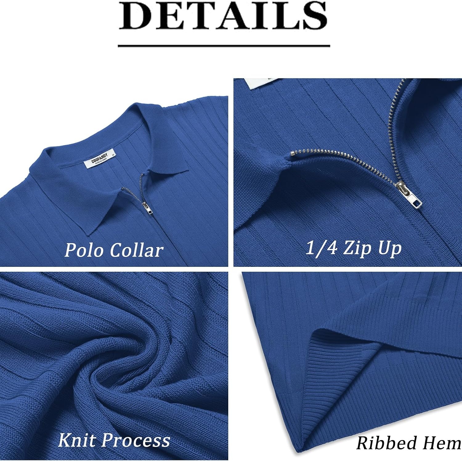 image:imageCOOFANDY Mens Quarter Zip Polo Shirt Short Sleeve Ribbed Knit Golf Tee Collared 14 Zip Textured Casual Business Shirt Lightweight Breathable Elastic T Shirt for MenBlue