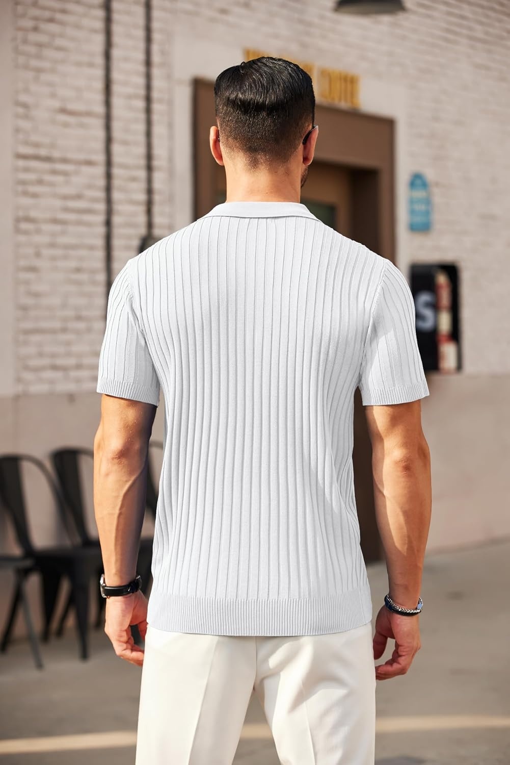 image:imageCOOFANDY Mens Quarter Zip Polo Shirt Short Sleeve Ribbed Knit Golf Tee Collared 14 Zip Textured Casual Business Shirt Lightweight Breathable Elastic T Shirt for MenWhite