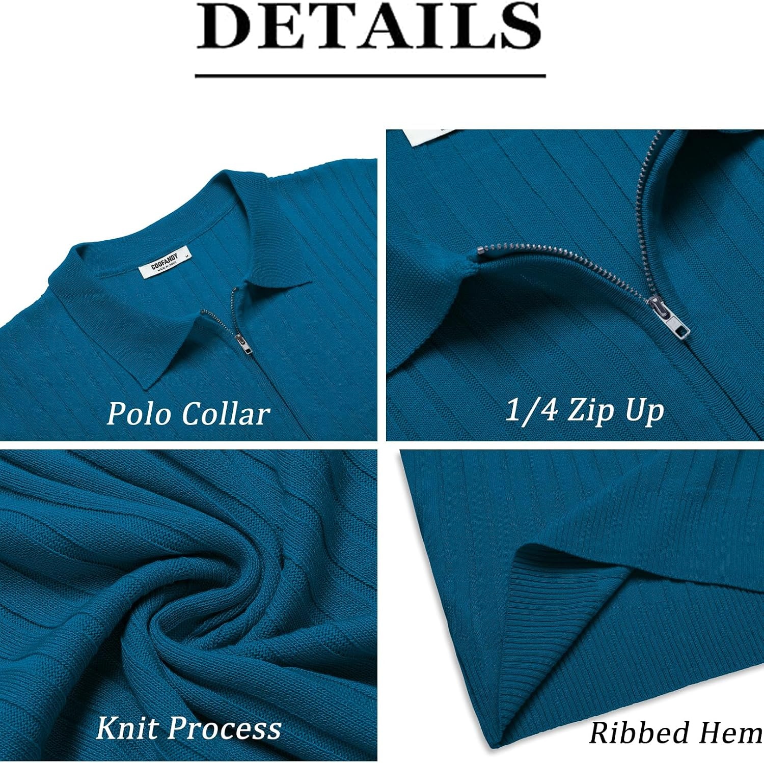 image:imageCOOFANDY Mens Quarter Zip Polo Shirt Short Sleeve Ribbed Knit Golf Tee Collared 14 Zip Textured Casual Business Shirt Lightweight Breathable Elastic T Shirt for MenDenim Blue