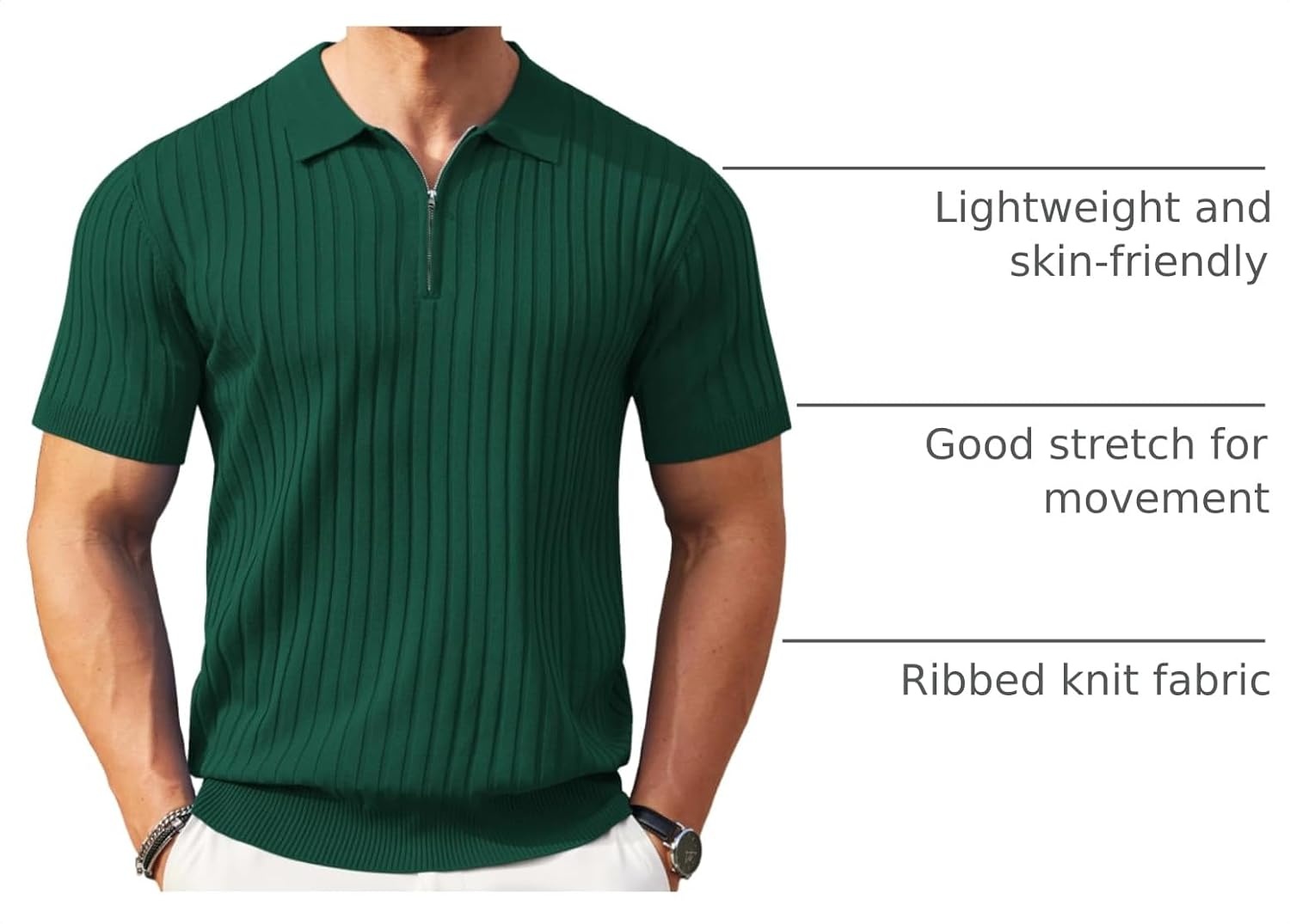 image:imageCOOFANDY Mens Quarter Zip Polo Shirt Short Sleeve Ribbed Knit Golf Tee Collared 14 Zip Textured Casual Business Shirt Lightweight Breathable Elastic T Shirt for MenHunter Green