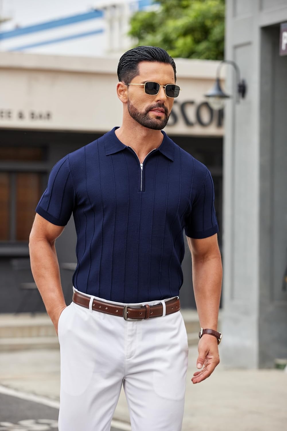 image:imageCOOFANDY Mens Quarter Zip Polo Shirt Short Sleeve Ribbed Knit Golf Tee Collared 14 Zip Textured Casual Business Shirt Lightweight Breathable Elastic T Shirt for MenVnavy Blue